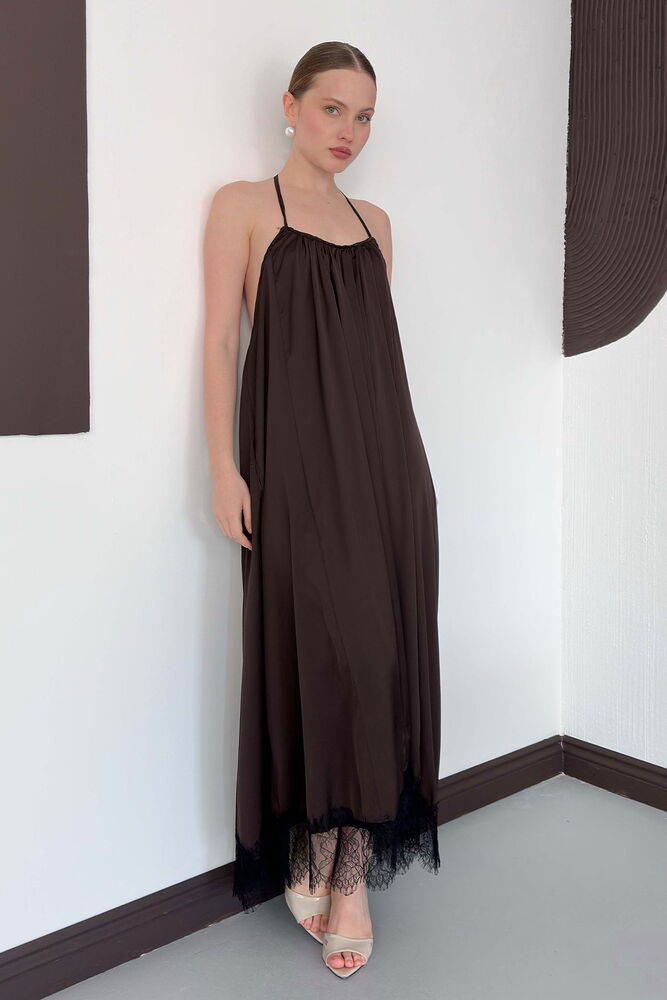Rochie din satin cu detaliu din dantelă - Maro | D3022 Topshow