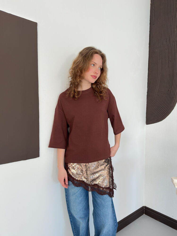 D 3064 PULLU DANTELLİ TİŞÖRT - KAHVE