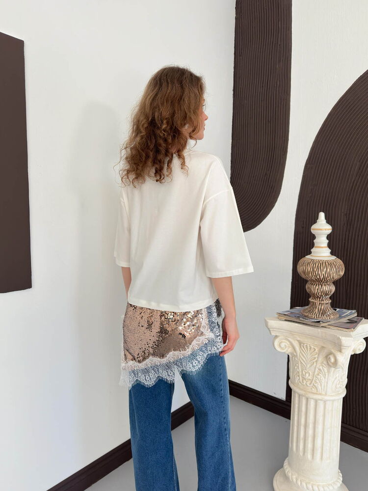 D 3064 SEQUINED LACE T-SHIRT - CREAM