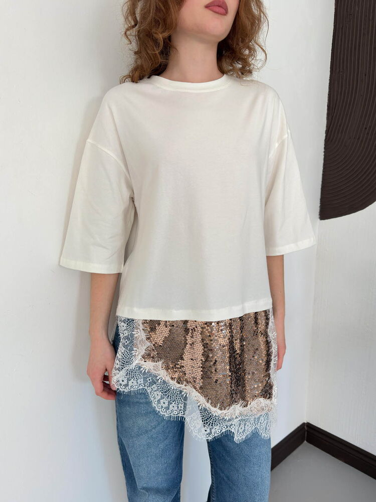 D 3064 SEQUINED LACE T-SHIRT - CREAM