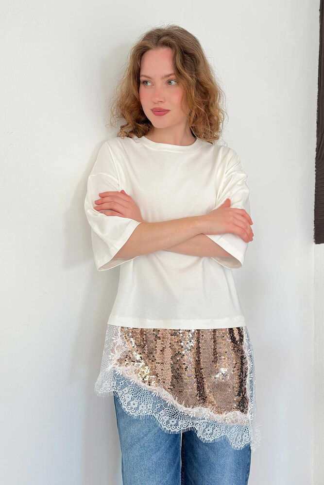 D 3064 SEQUINED LACE T-SHIRT - CREAM