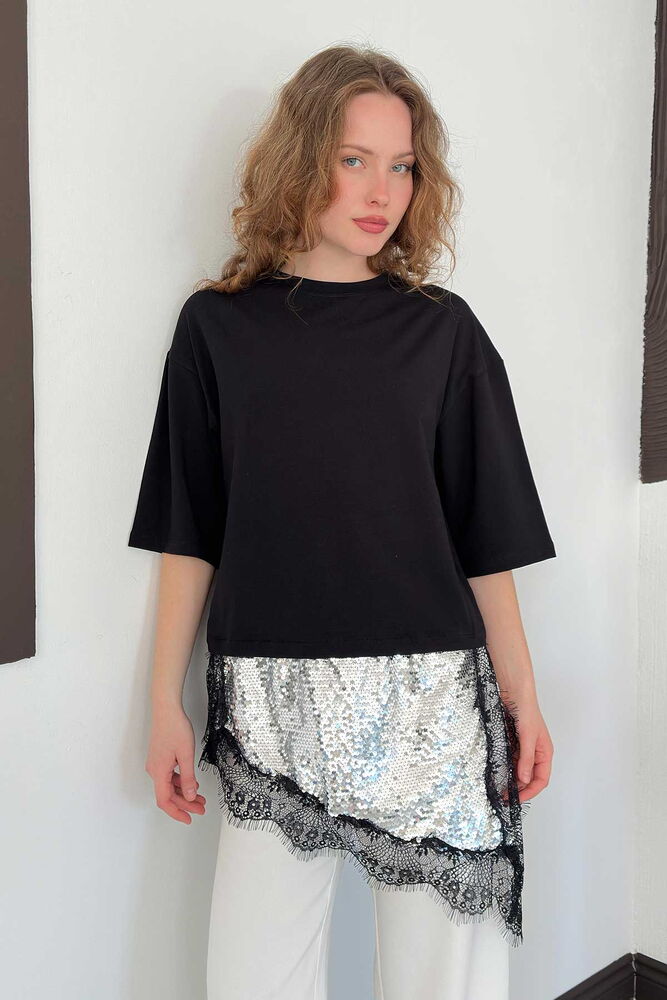 D 3064 PULLU DANTELLİ TİŞÖRT - SİYAH