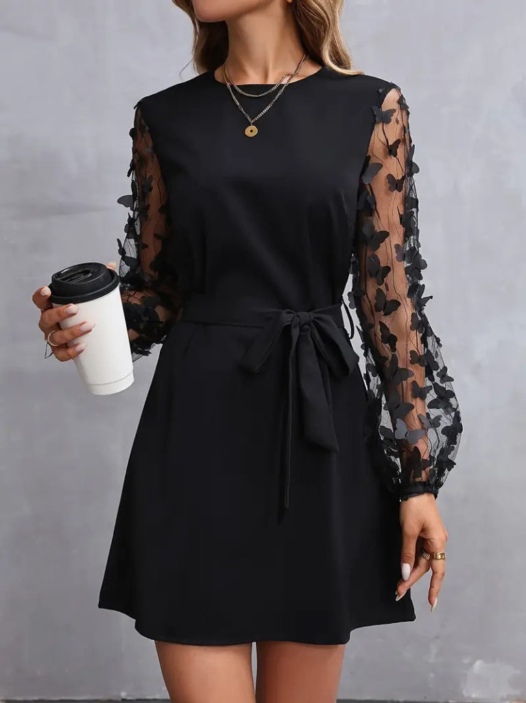 Rochie de damă cu mânecă lungă, guler rotund, mâneci din tul și detalii fluture, rochie din crep importat, 34759