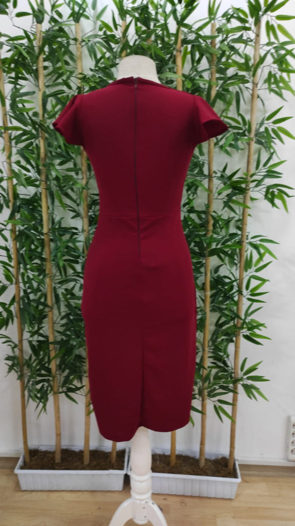 Rochie Midi Damă cu Mânecă Scurtă, Decolteu Inimă, Detalii Cretate Pe Lateral, Din Crep Import, 24541