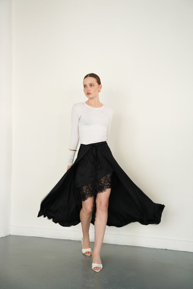 Lace Detail Satin Wholesale Skirt - Black | D2976 - Topshow
