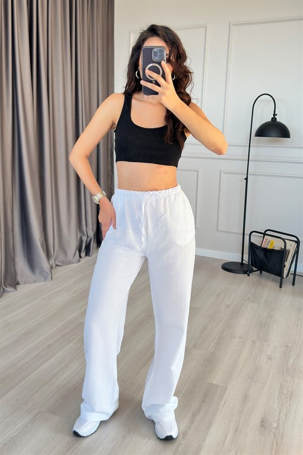 Pantaloni de Gros din In Albi cu Legătură la Talie