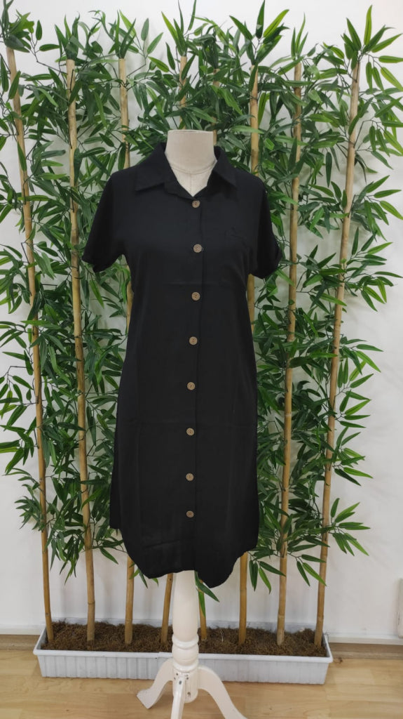 Rochie midi din material țesut pentru femei, cu mânecă scurtă, guler și nasturi, 23804