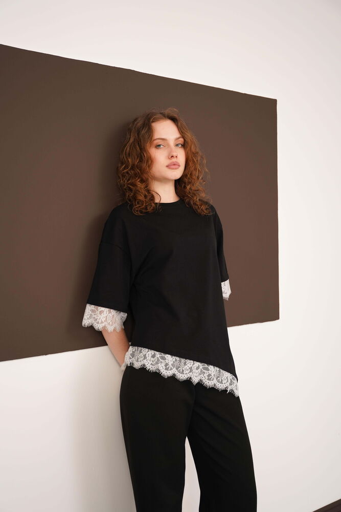 Lace Detail Crew Neck Wholesale T-Shirt - Black White | D3005 - Topshow