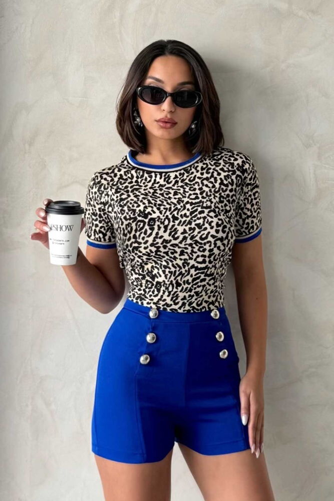 Crew Neck T-Shirt Leopard Sapphire | Topshow