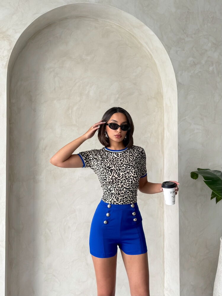 Crew Neck T-Shirt Leopard Sapphire | Topshow