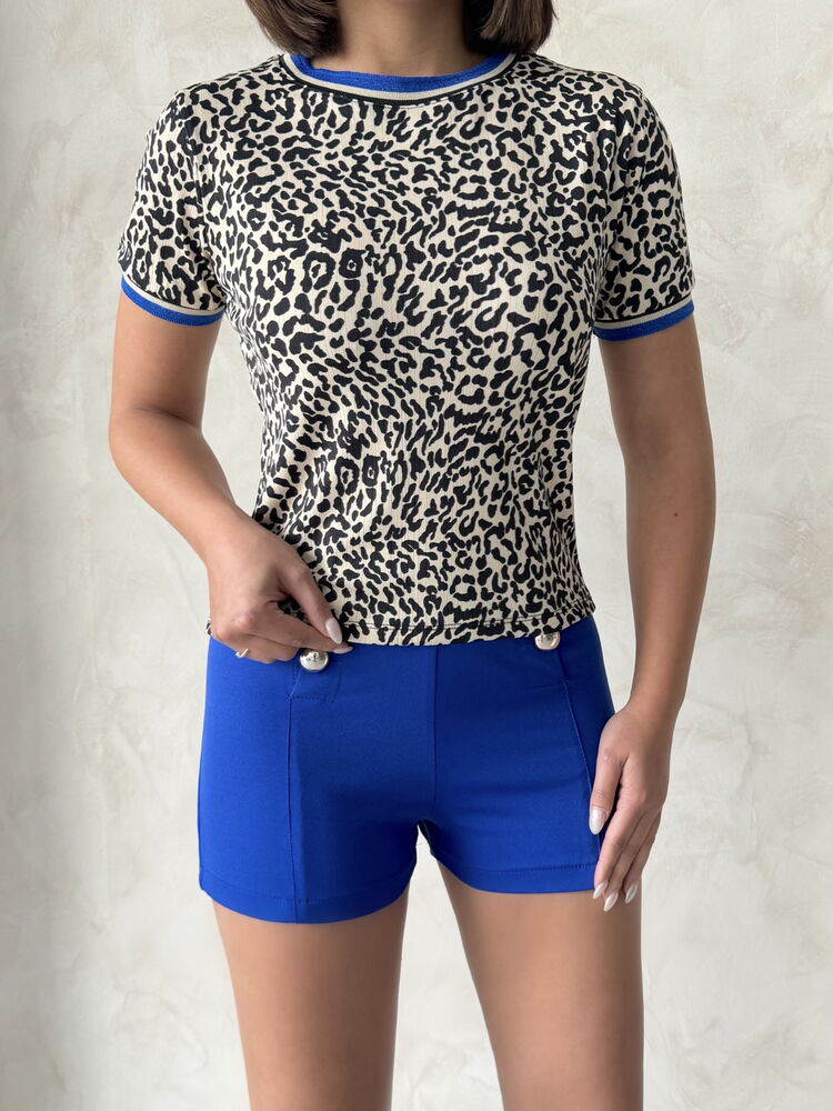 Crew Neck T-Shirt Leopard Sapphire | Topshow