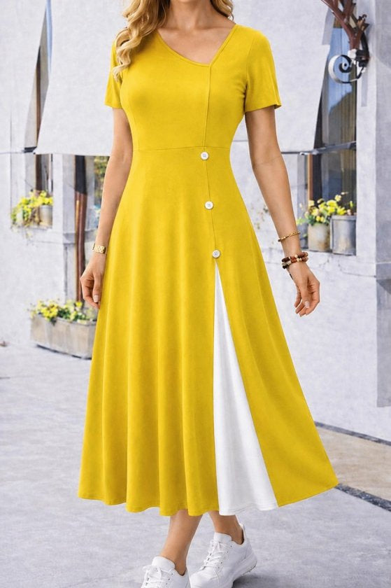 Rochie Midi din Viscon pentru femei cu mâneci scurte, guler asimetric, butoni, 37190