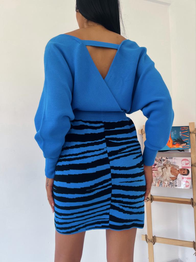 Zebra Desen Triko Elbise 841 - Mavi