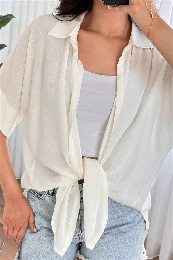 Bluza Kimono de Toptan Ecru Basic cu Mânecă Scurtă