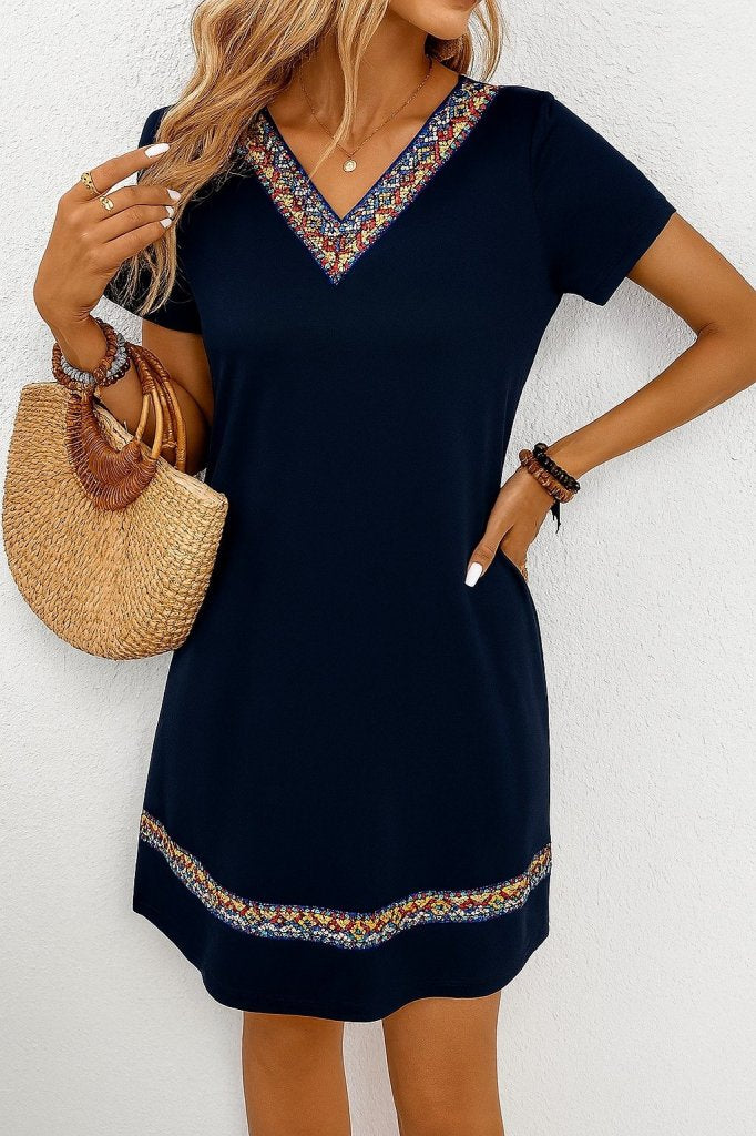 Rochie de damă din viscoză cu model etnic, cu mânecă scurtă și decolteu în V, cu detalii în dungi, 25998