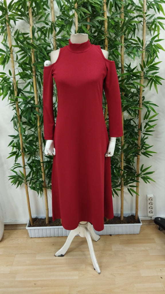 Rochie Lunga Dama din Crep Janjan cu Guler Inalt si Decupaje la Umeri, Maneca Lunga, 28194