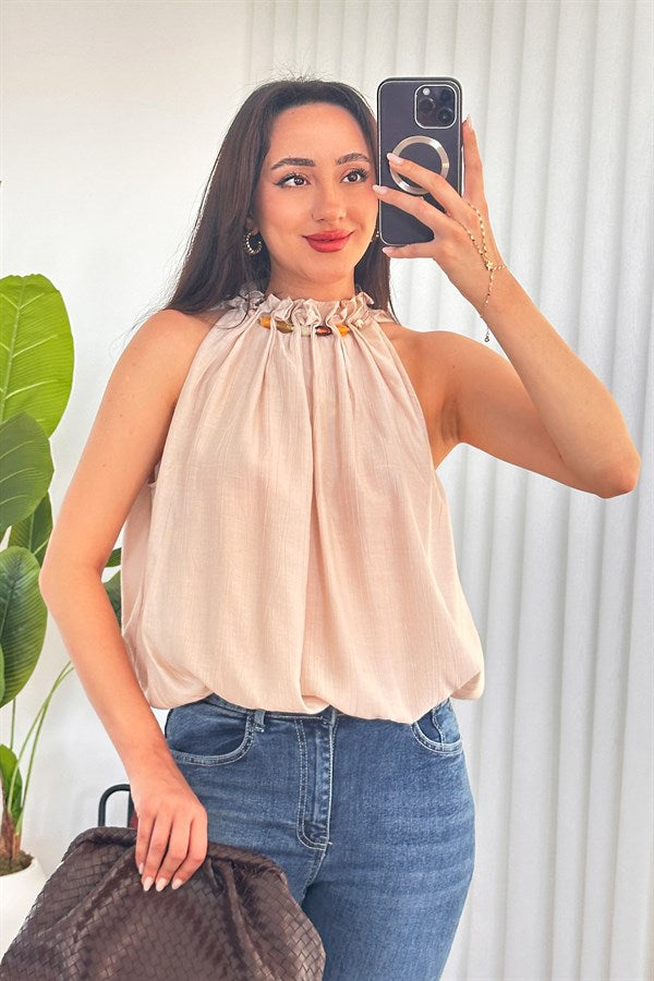 Bluza de Toptan Model Balon cu Perle la Guler Bej