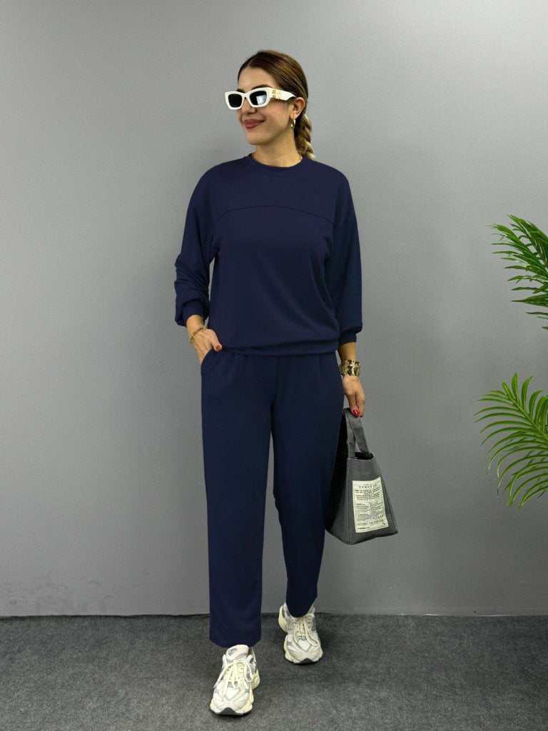 Set de două piese pentru femei, bluză cu mânecă lungă, guler rotund, din viscoză, țesătură double-face și pantaloni, 26775