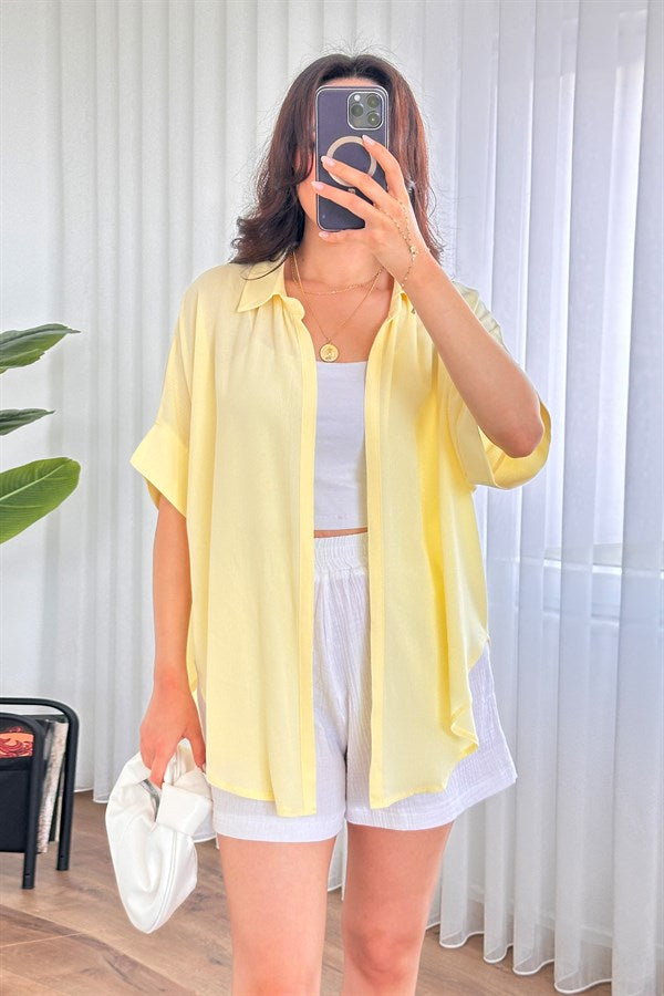 Bluza Kimono de Toptan Galbenă Basic cu Mânecă Scurtă