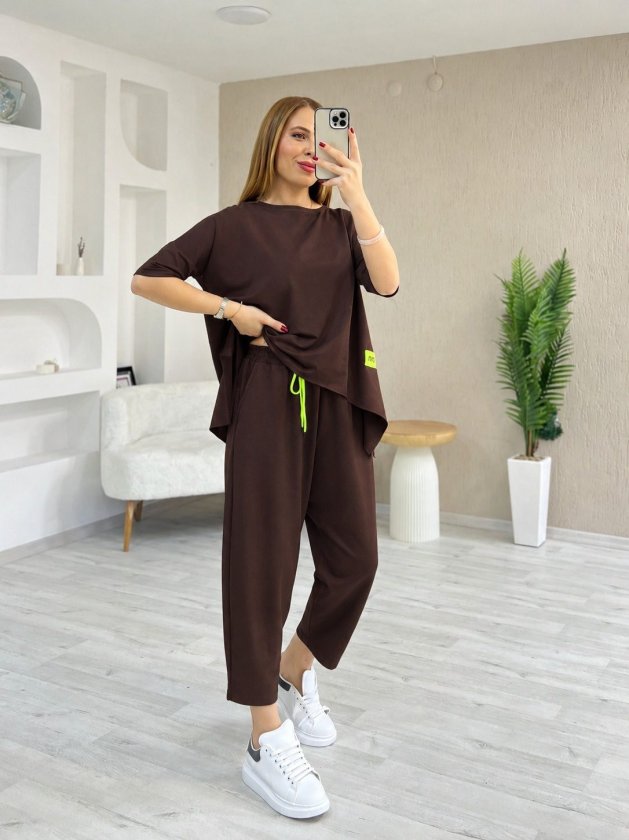 Set de două piese pentru femei, din viscoză, cu guler rotund și mânecă scurtă, format din bluză și pantaloni, 34665