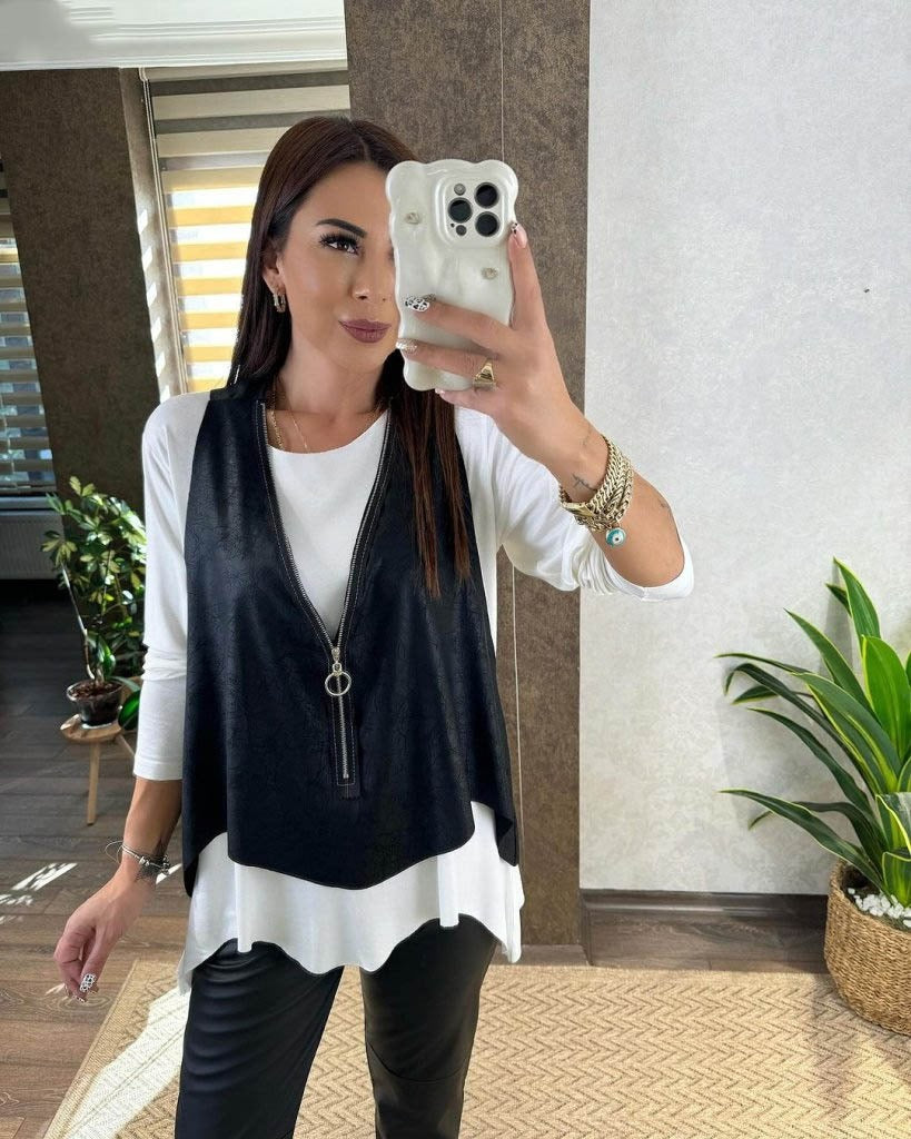 Kadın Uzun Kollu Asimetrik Kesim Viskon Bluz Ve çatlak Deri Görünümlü Yelek Ikili Takım, 21105