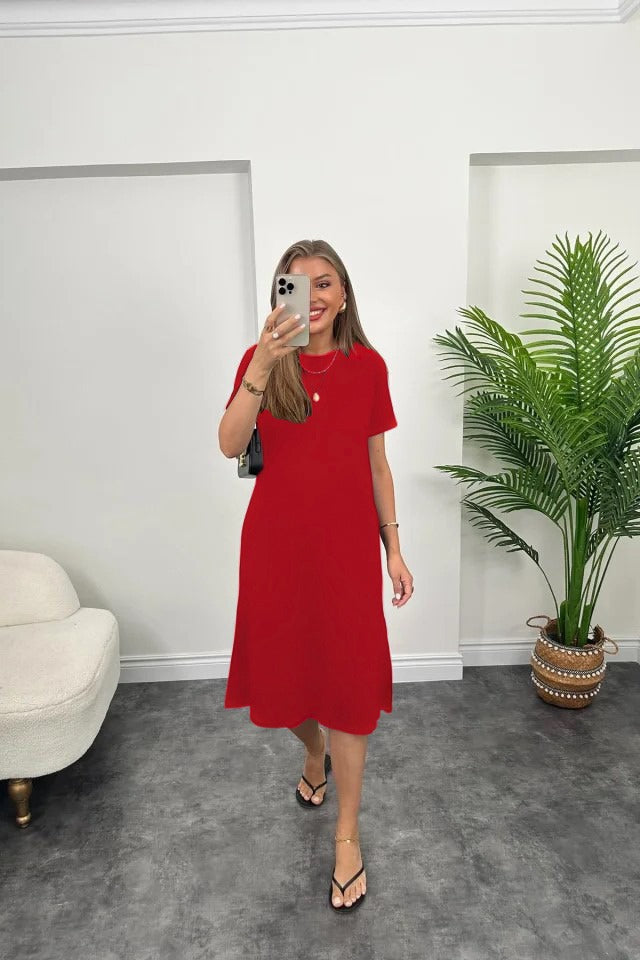 Women's Short Sleeve Slit Detail Loose Viscose Dress, 32712