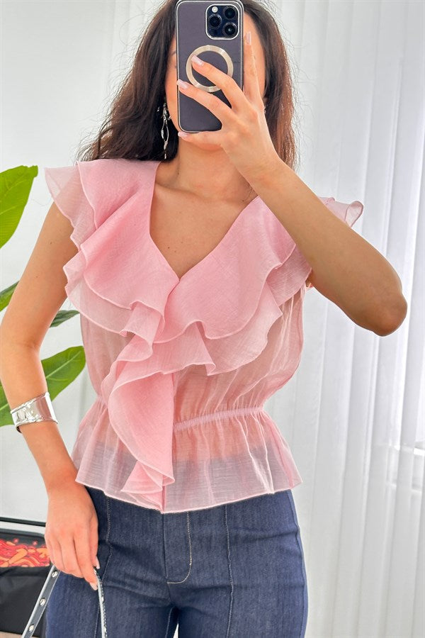 Bluza de Toptan Roz cu Talie Elastic și Franje