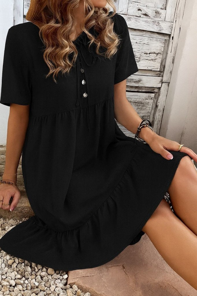 Rochie Supreme pentru femei, cu mânecă scurtă, guler cu șireturi, nasturi în față, model cu volane, 26746
