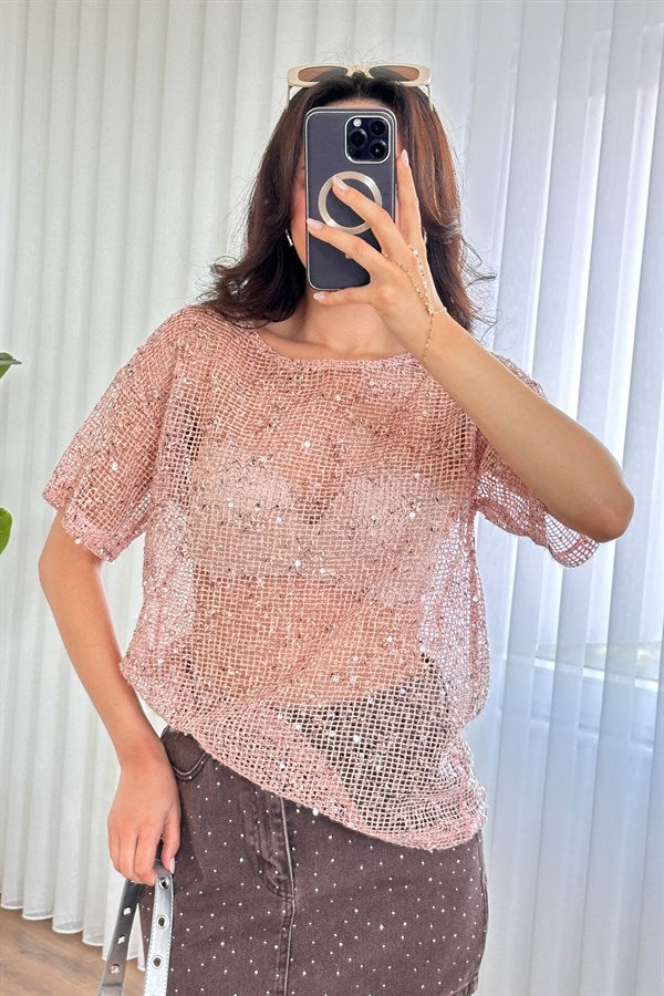 Bluza de Toptan Roz cu Paiete Stralucitoare