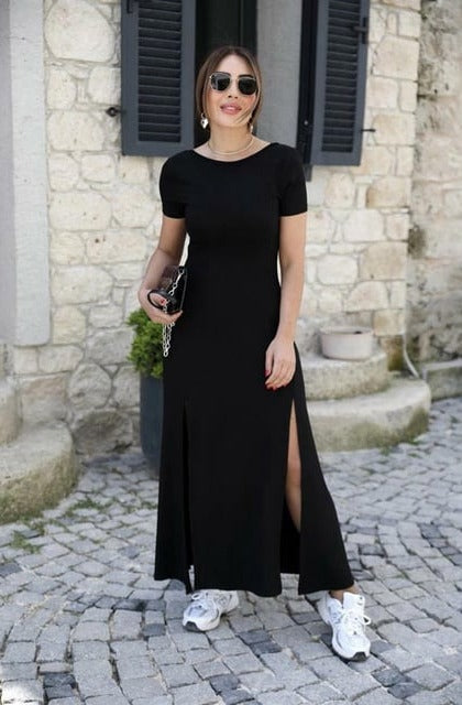 Rochie de damă din viscoză, cu mânecă scurtă, spate decoltată, cu crăpături, 31218
