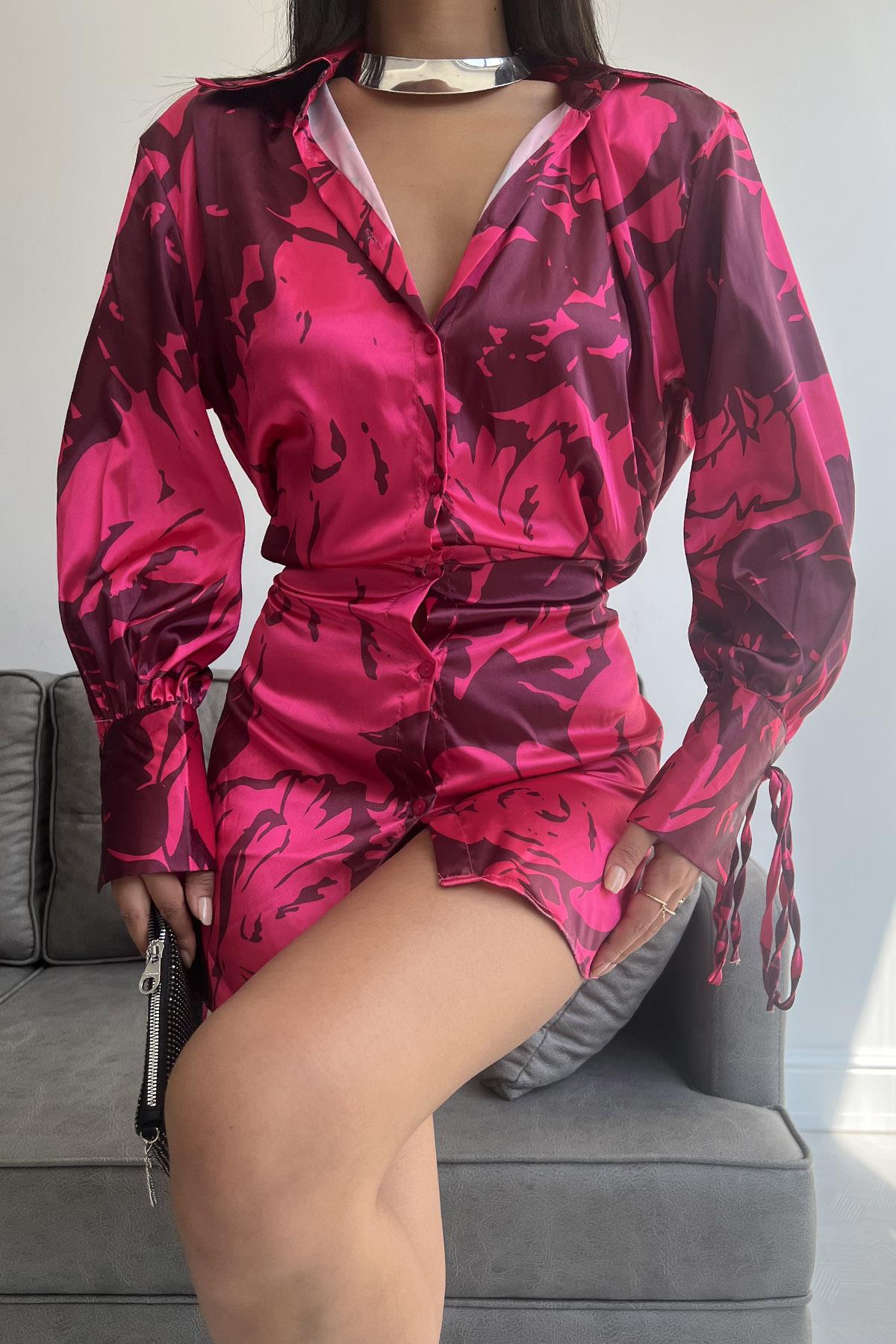 Rochie Bluza cu Detalii Manseta Matlasata - Fucsia