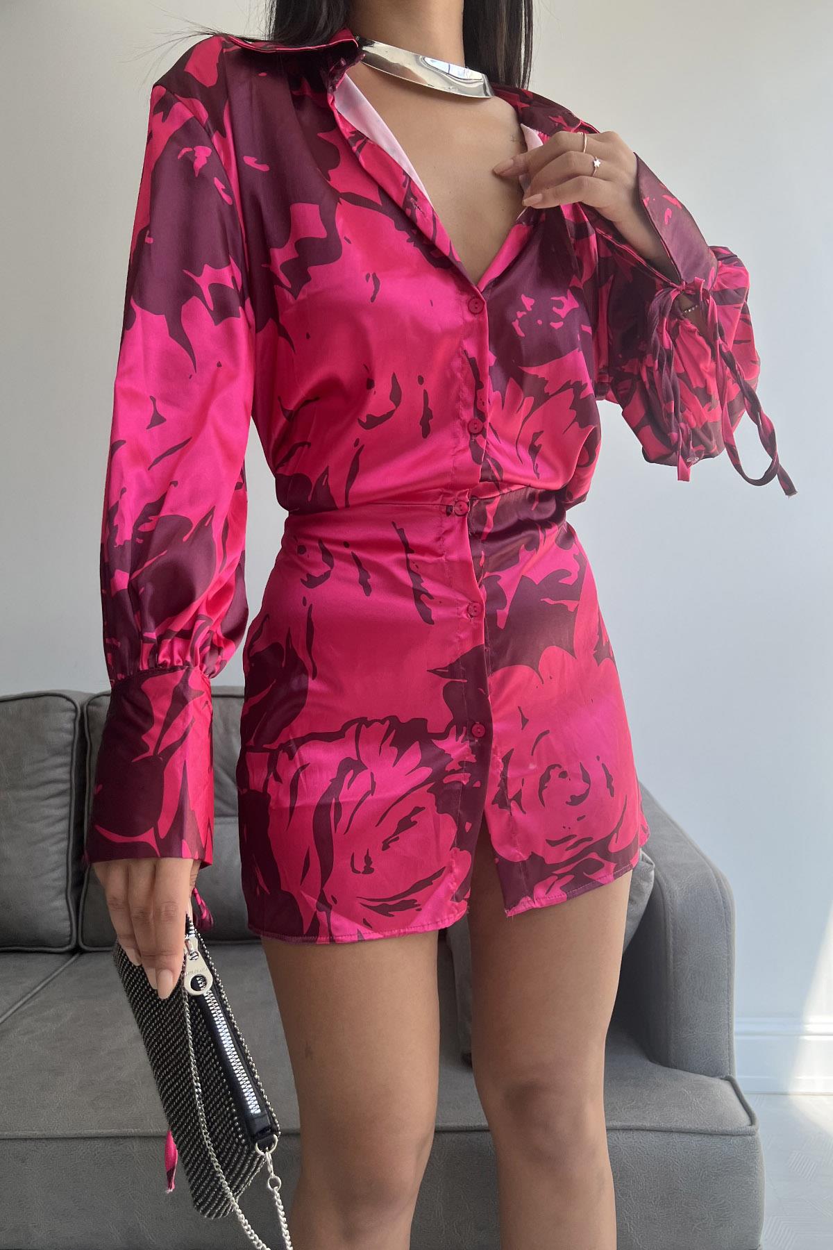 Rochie Bluza cu Detalii Manseta Matlasata - Fucsia