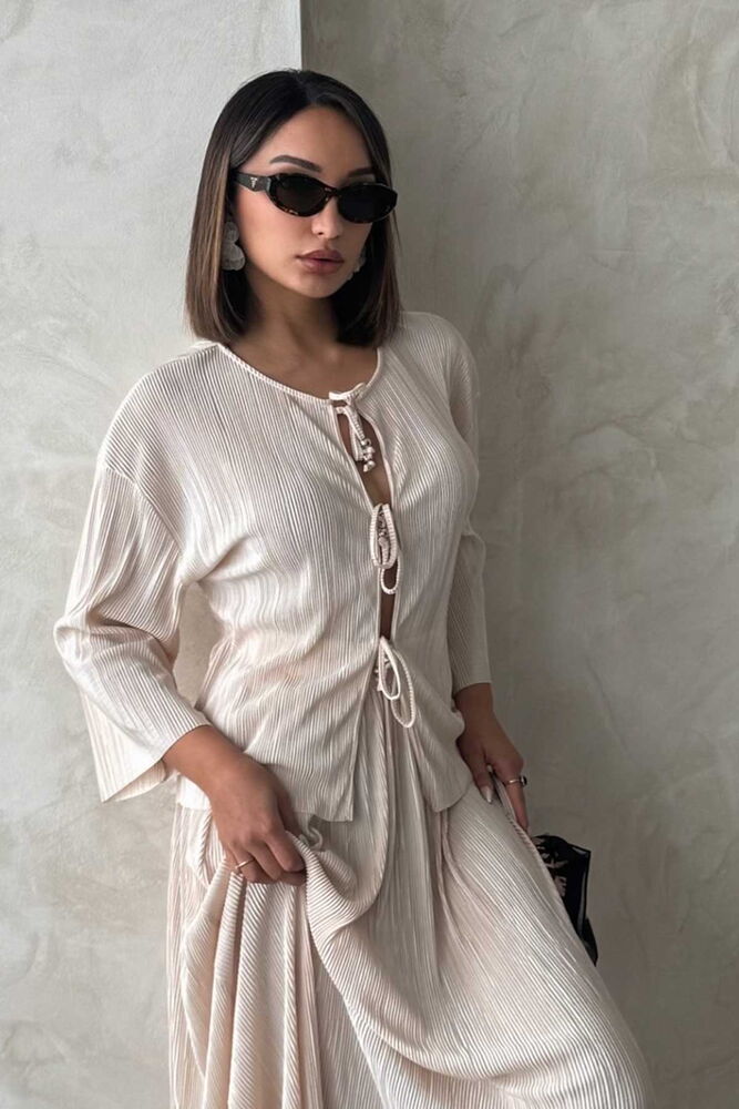 Pleated Front Tied Shirt - Stone