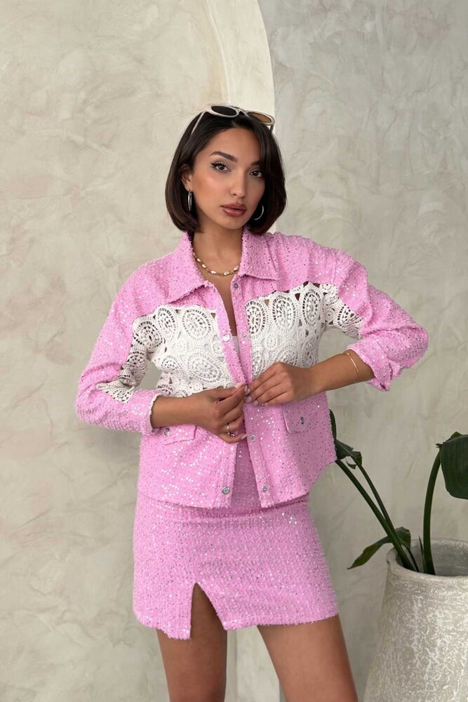 Lace Detailed Denim Jacket - Pink Topshow | F1758