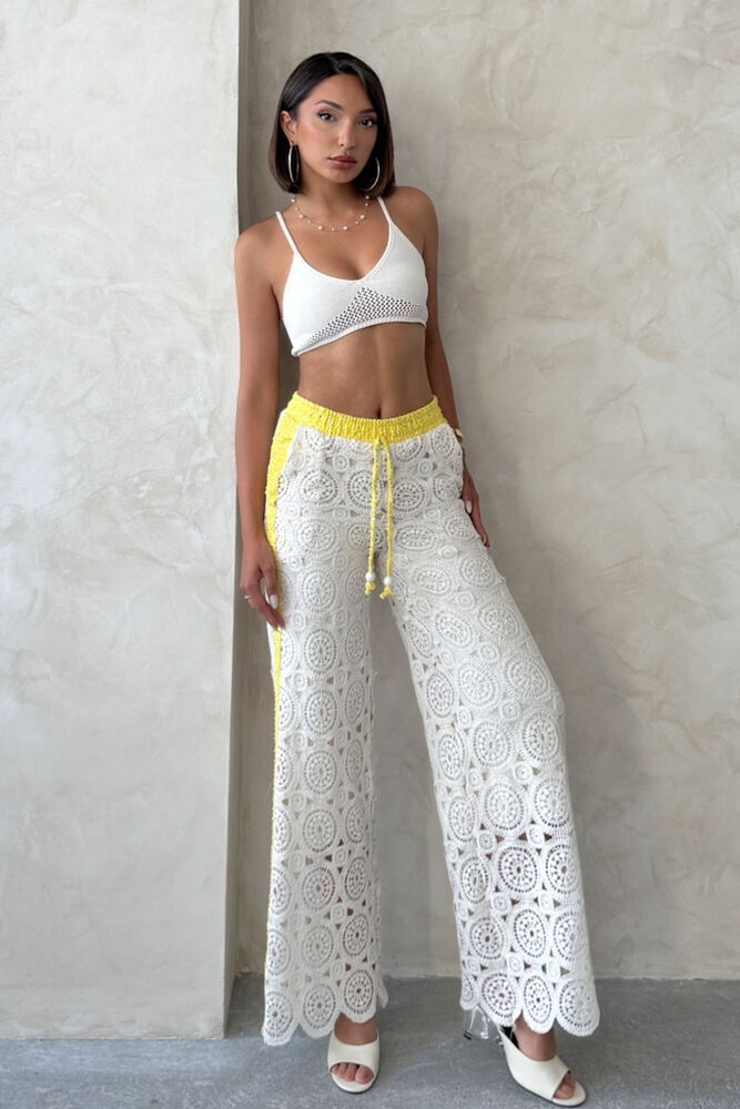 Lace Trousers with Denim Detail - Yellow