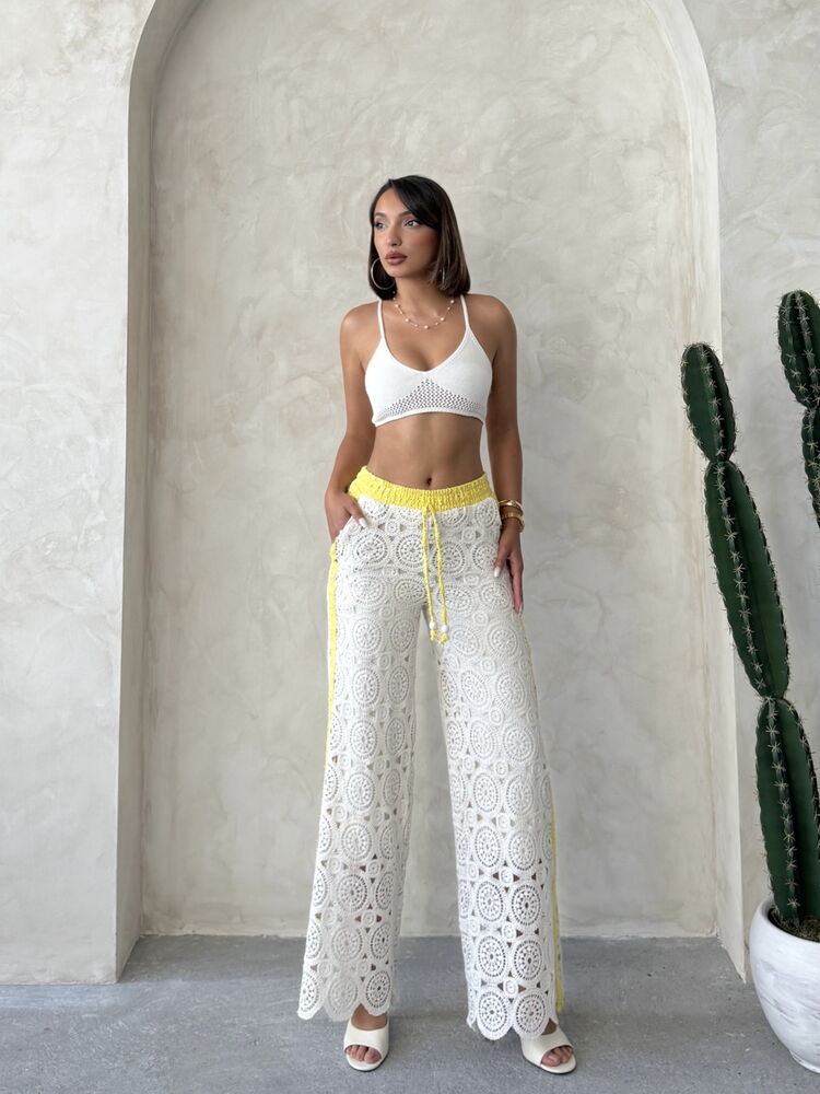Lace Trousers with Denim Detail - Yellow