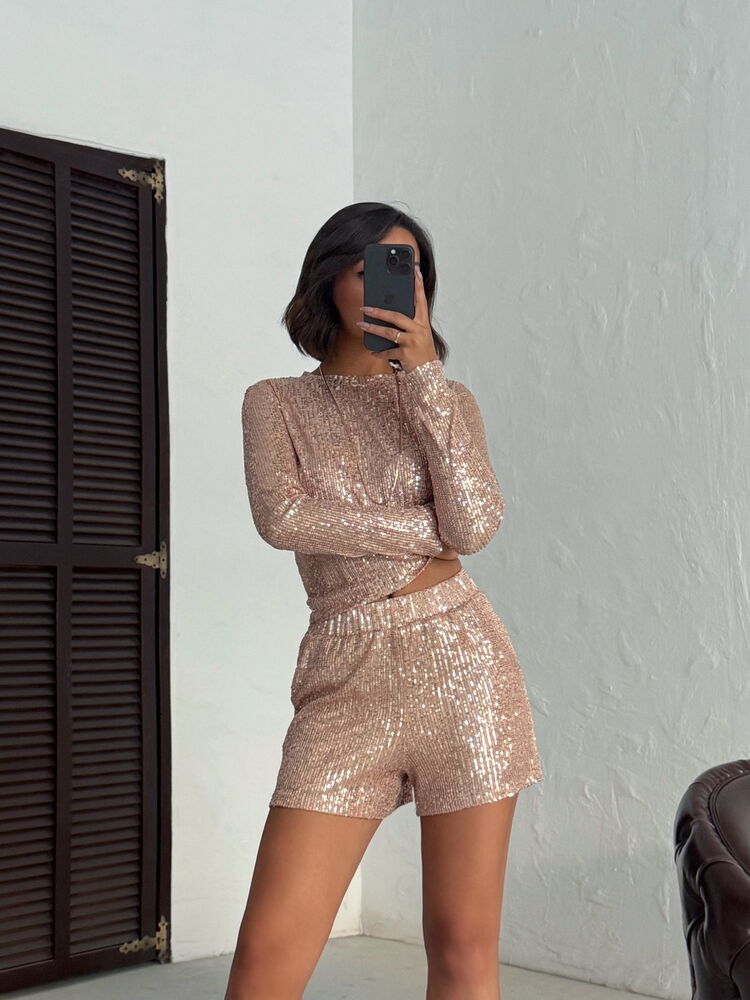 Topshow Shimmering Sequin Embellished Long Sleeve Wholesale Women's Blouse - COPPER | F1866