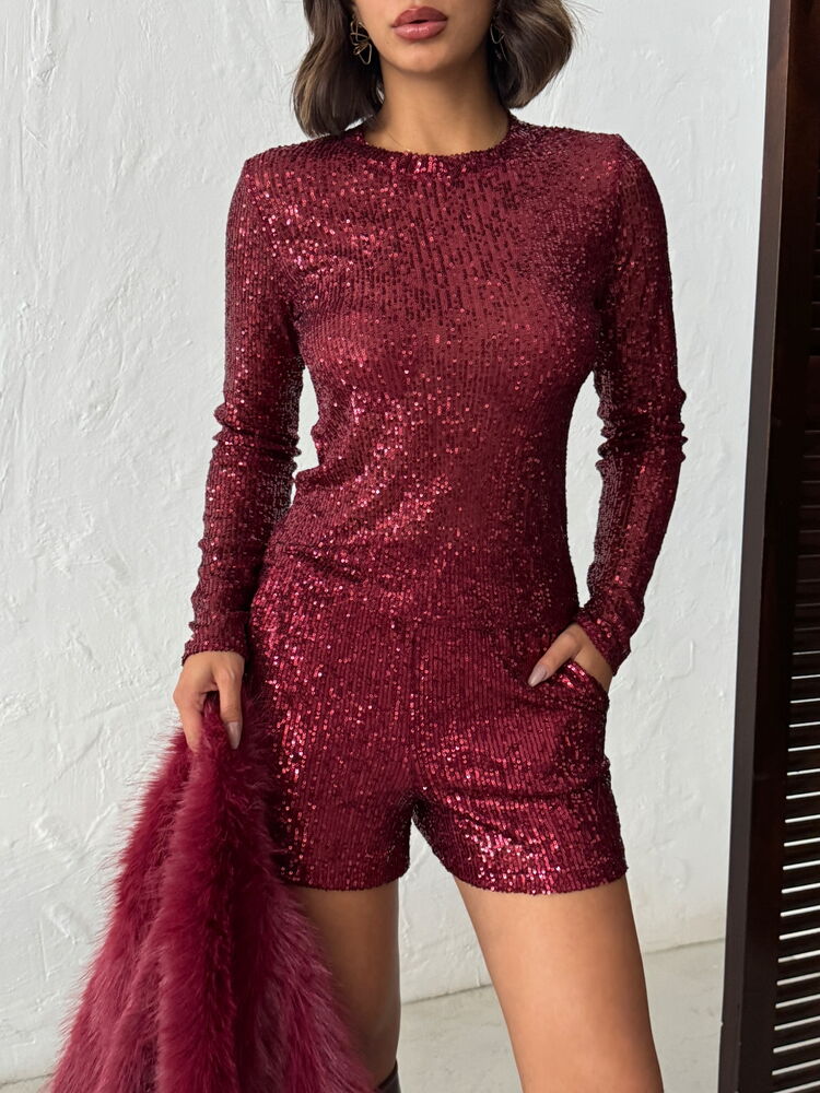 Topshow Işıltılı Pul İşlemeli Uzun Kollu Toptan Kadın Bluz- BORDO | F1866