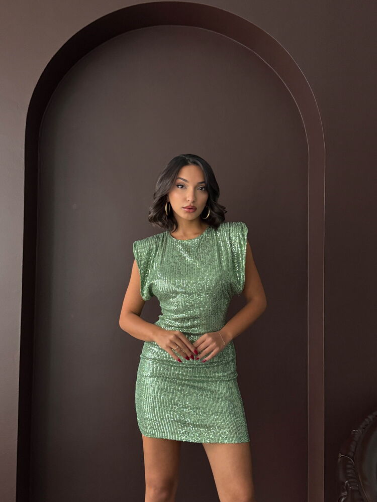 Topshow Shimmering Sequin Embellished Mini Evening Dress with Back Cutout - LIGHT KHAKI