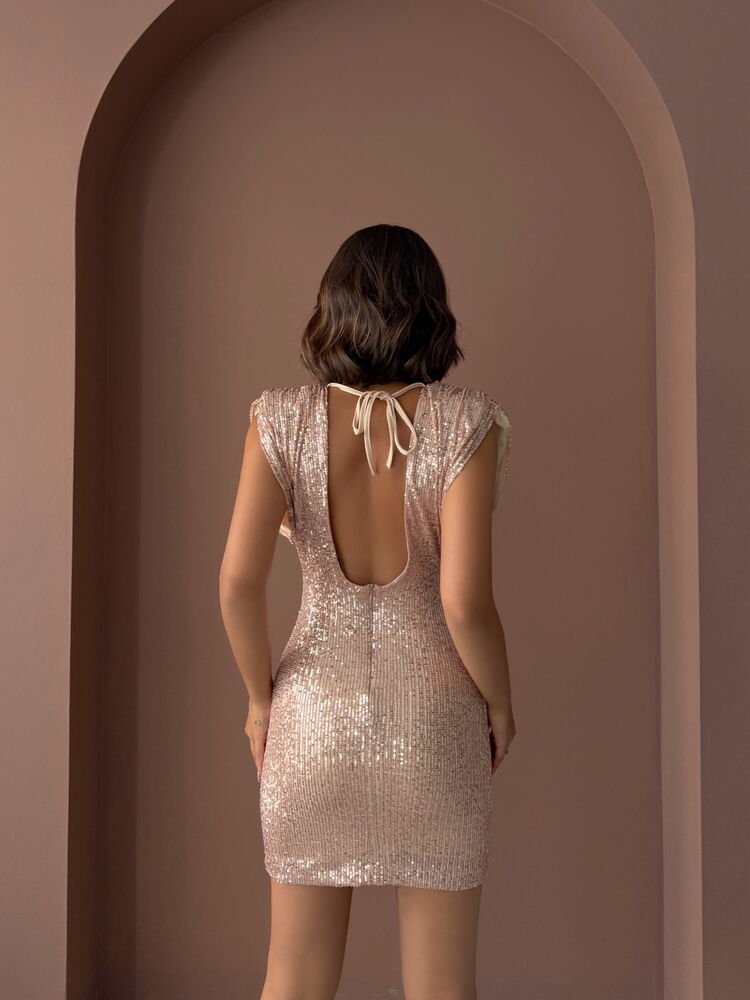 Topshow Shimmer Sequin Embellished, Backless, Mini Night Dress - Copper | F1867