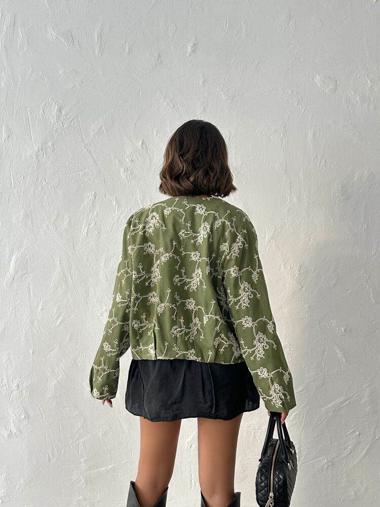 Jachetă cu fermoar și broderie florală - Kaki