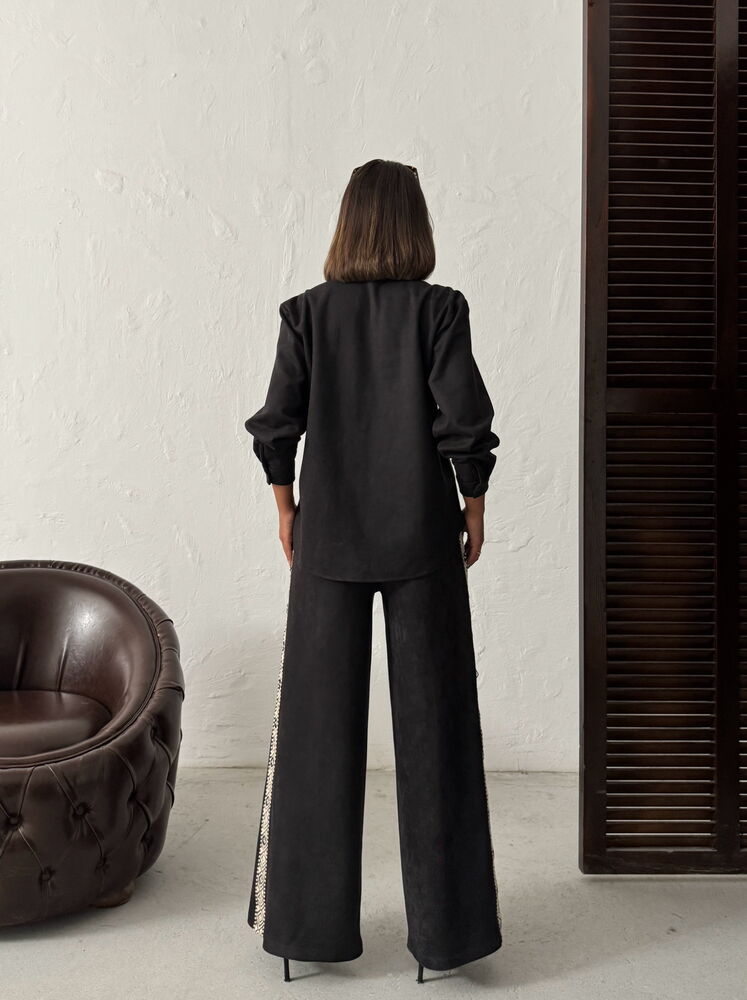 Pantaloni Topshow din piele întoarsă Scuba Suede cu detalii dungate - Negru | F1973