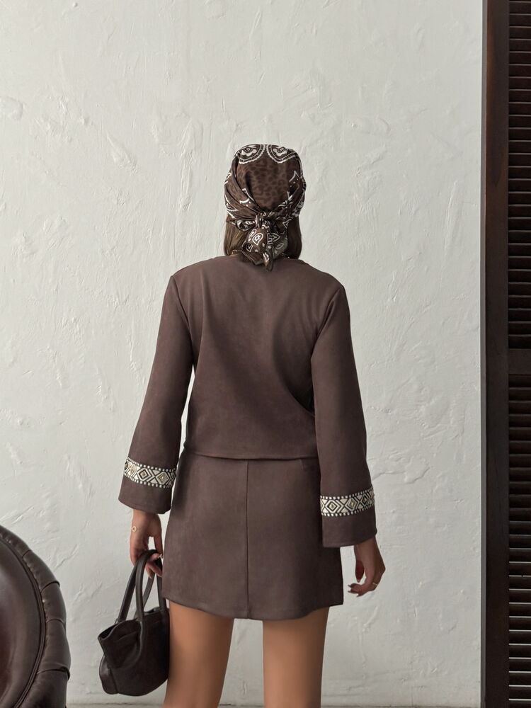 Topshow Strip-Detailed Scuba Suede Skirt - Coffee | F1974