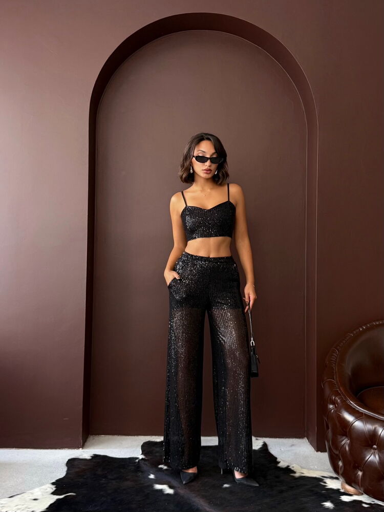 Topshow - Wholesale Sequin Wide-Leg Women's Pants - Chic Evening Outfit - Black