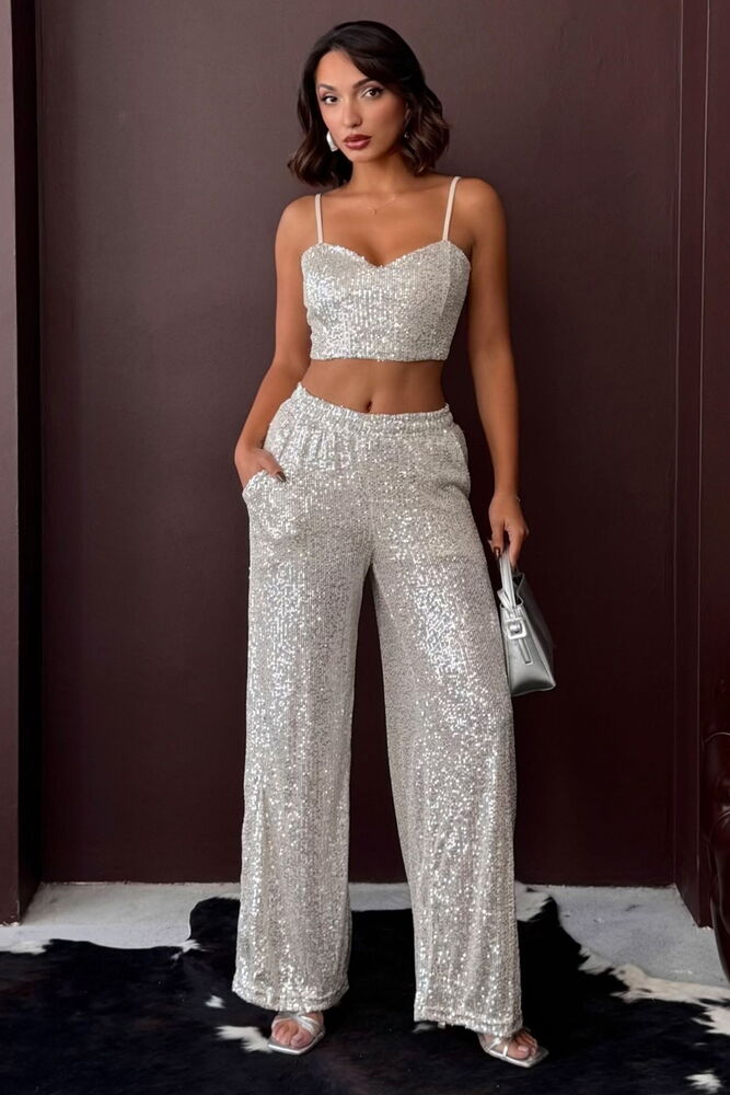 Topshow - Wholesale Sequin Wide-Leg Women's Pants - Chic Evening Outfit - Stone