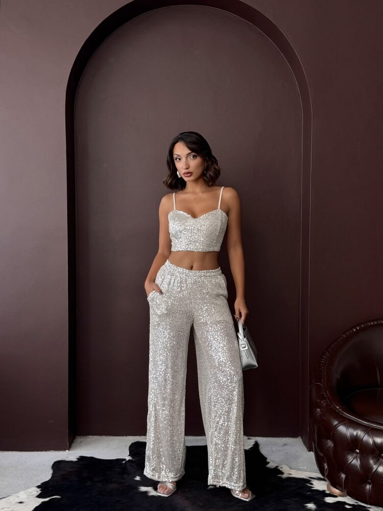 Topshow - Wholesale Sequin Wide-Leg Women's Pants - Chic Evening Outfit - Stone