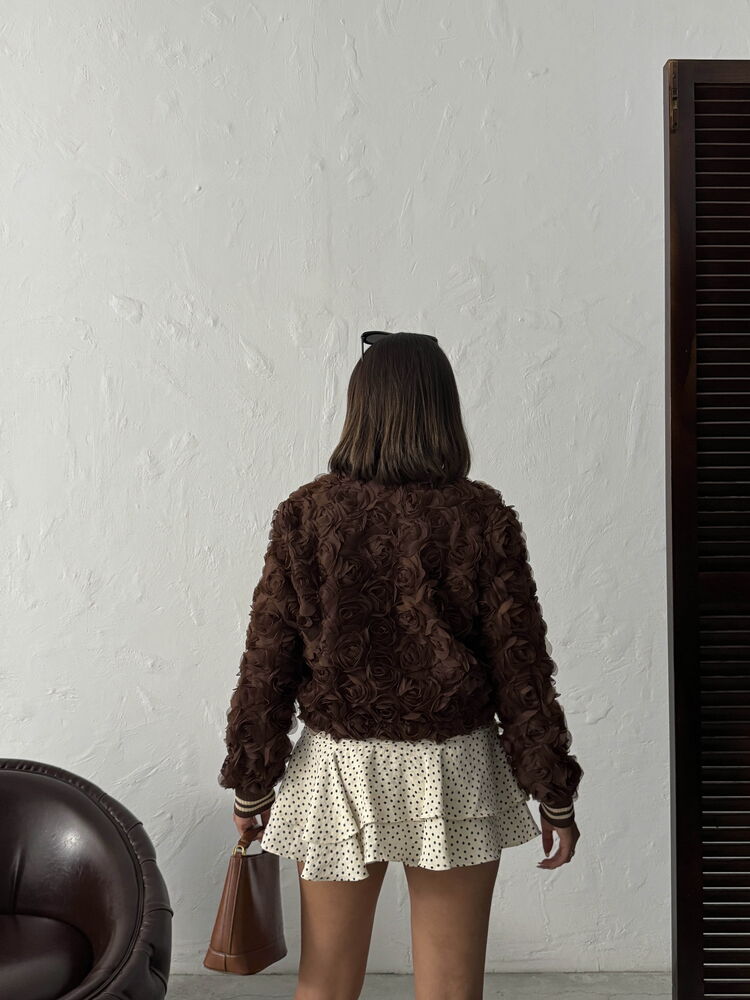 Topshow - Wholesale Rose Embellished Zippered Jacket - Coffee
