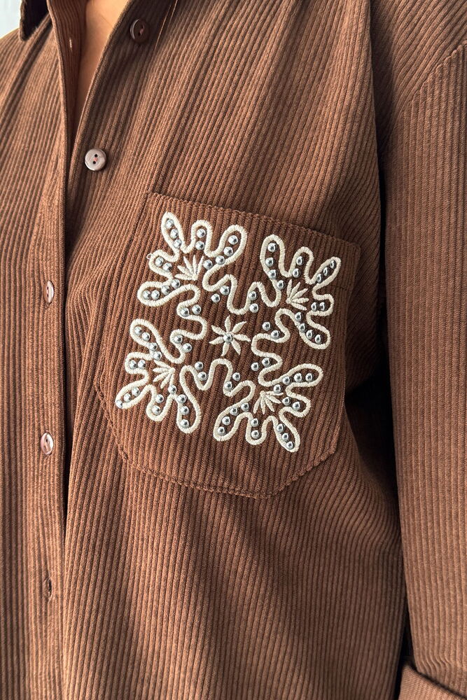 Topshow - Wholesale Corduroy Shirt with Embroidered Pocket - Coffee