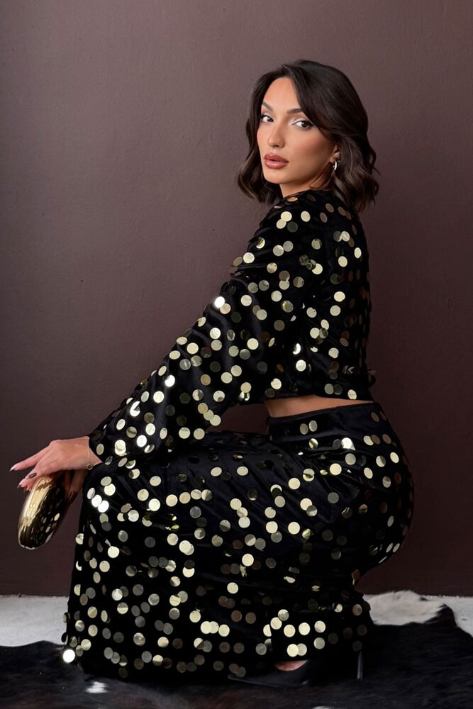 Topshow - Fuste din catifea cu paiete, en-gros - Negru-Auriu