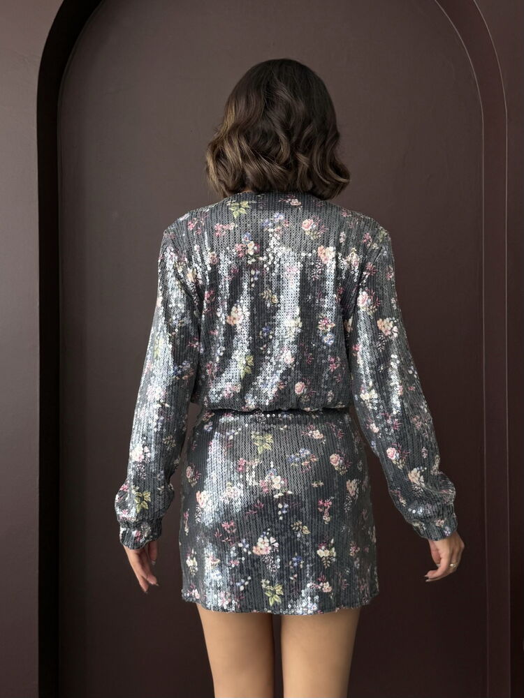 Topshow - Wholesale Flower Printed Sequin Mini Skirt - Flower Design Sequin